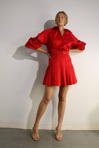 Crimson Two-Piece Set: Pleated Top & Tapered Skirt | Statement Style