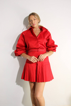 Crimson Two-Piece Set: Pleated Top & Tapered Skirt | Statement Style
