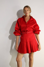 Crimson Two-Piece Set: Pleated Top & Tapered Skirt | Statement Style