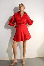 Crimson Two-Piece Set: Pleated Top & Tapered Skirt | Statement Style