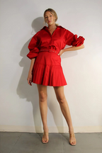 Crimson Two-Piece Set: Pleated Top & Tapered Skirt | Statement Style