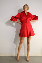 Crimson Two-Piece Set: Pleated Top & Tapered Skirt | Statement Style