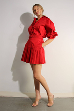 Crimson Two-Piece Set: Pleated Top & Tapered Skirt | Statement Style