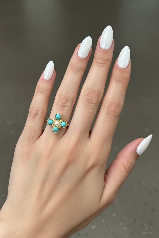 Turquoise Pearl Glory Cross Ring