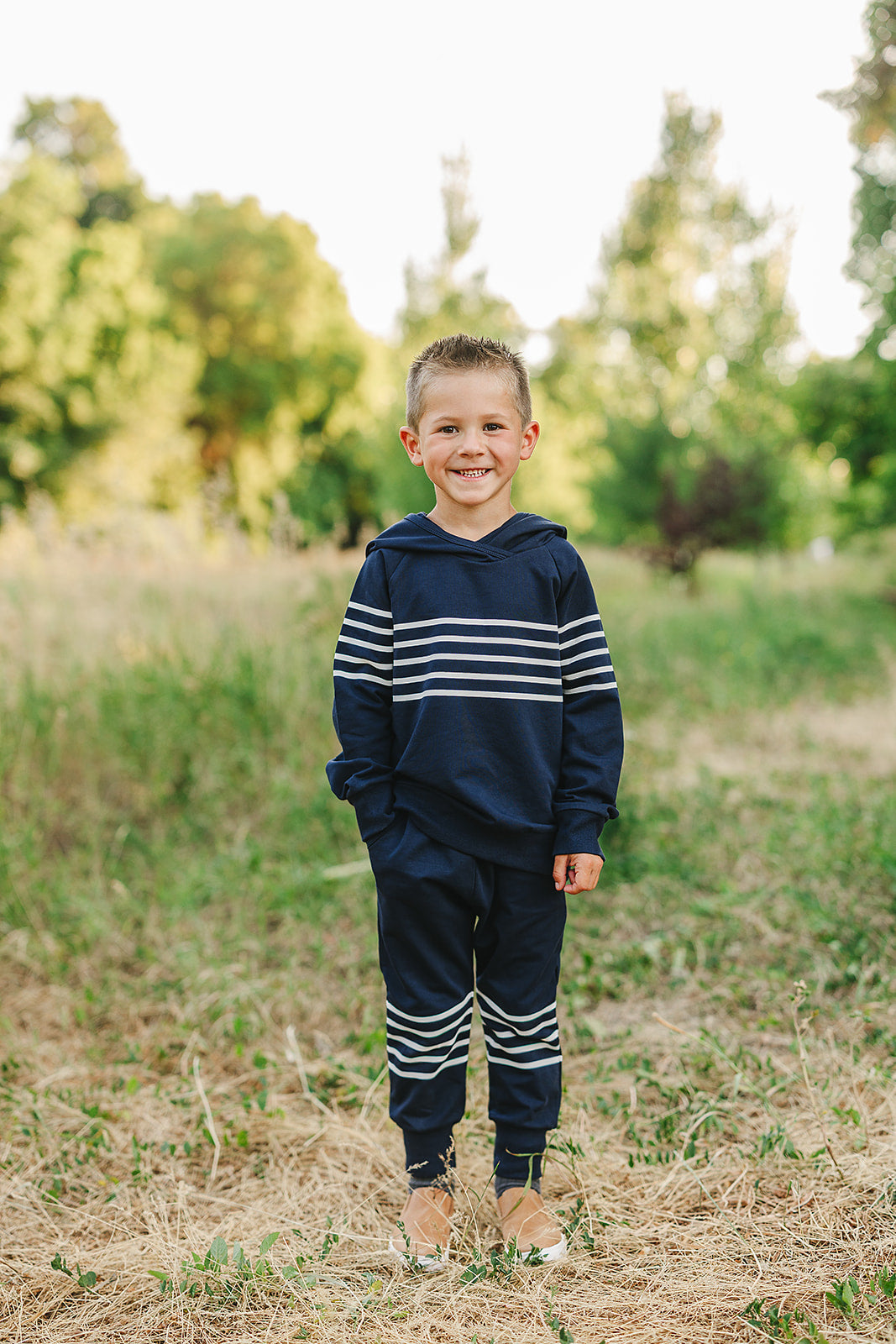 Navy Stripes Hooded French Terry Set - 95% Cotton