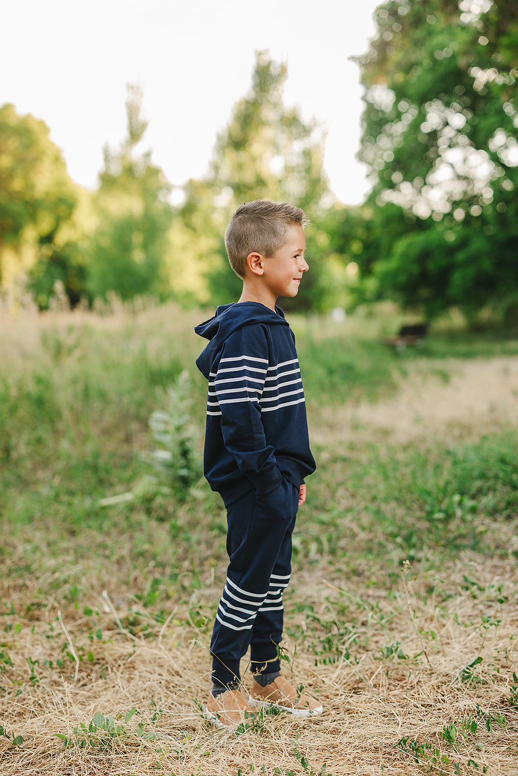 Navy Stripes Hooded French Terry Set - 95% Cotton