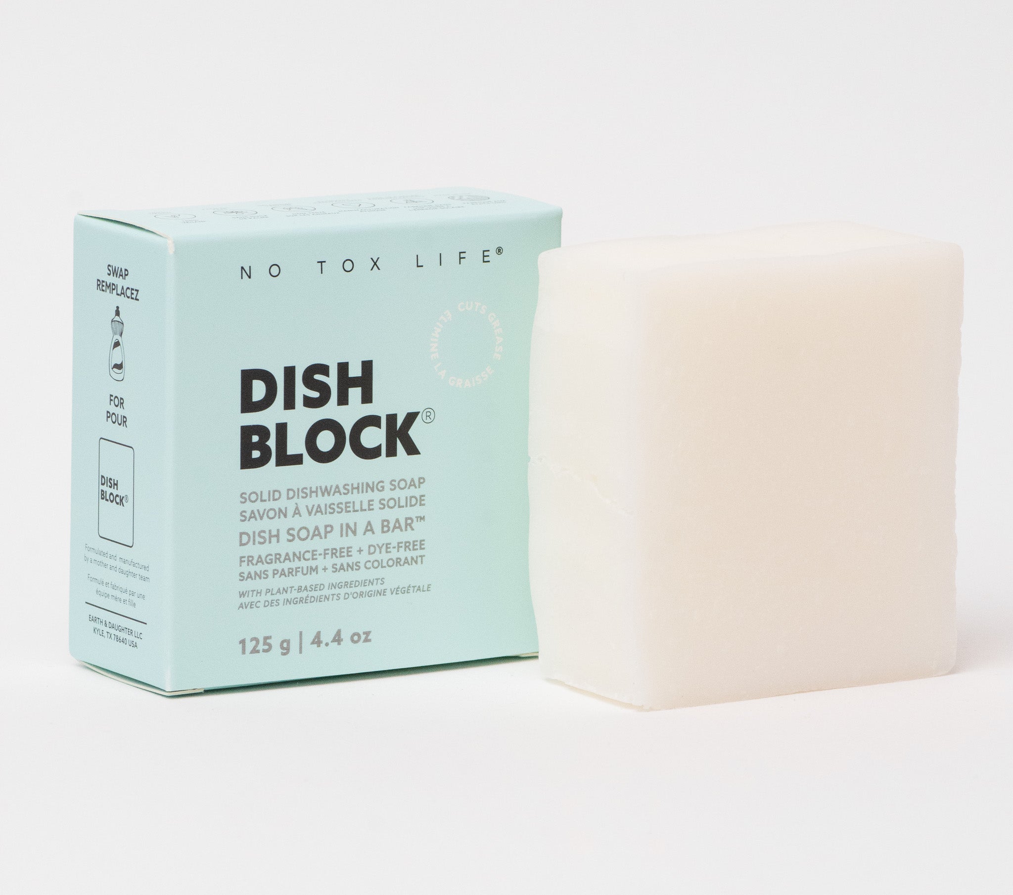 DISH BLOCK® solid dish soap - 4.4 oz (125g) bar - Fragrance Free - No Tox Life®