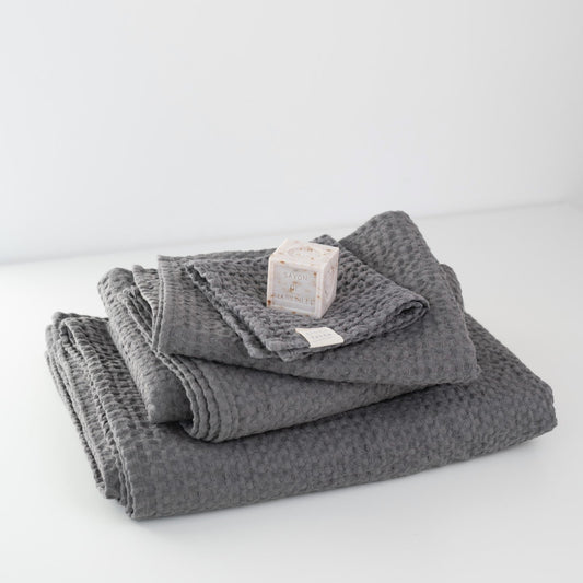 Linen Tales Dark Grey Linen & Cotton Honeycomb Waffle Towel Set