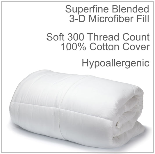 Roll of white down comforter with text about superfine blended 3-D microfiber fill and soft 300 thread count cover.