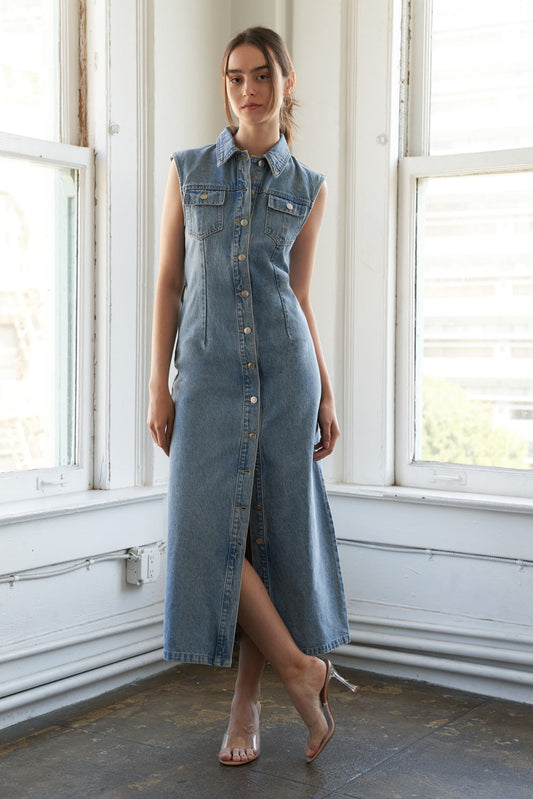 JUST FOLLOW ME DENIM MIDI DRESS - 90% Cotton