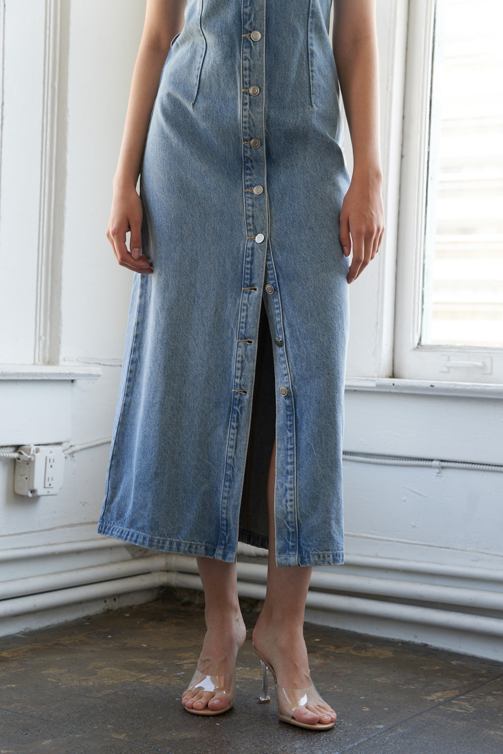 JUST FOLLOW ME DENIM MIDI DRESS - 90% Cotton