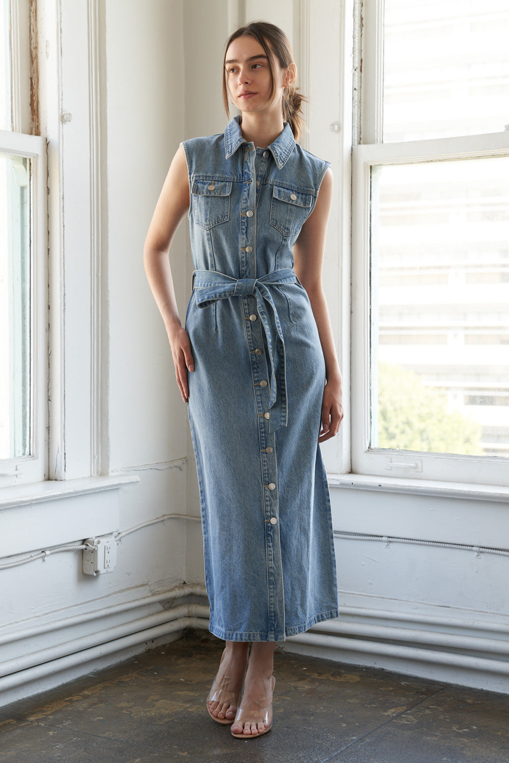 JUST FOLLOW ME DENIM MIDI DRESS - 90% Cotton