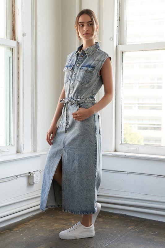 WILDFLOWER WHIMSY DENIM MIDI DRESS - 90% Cotton