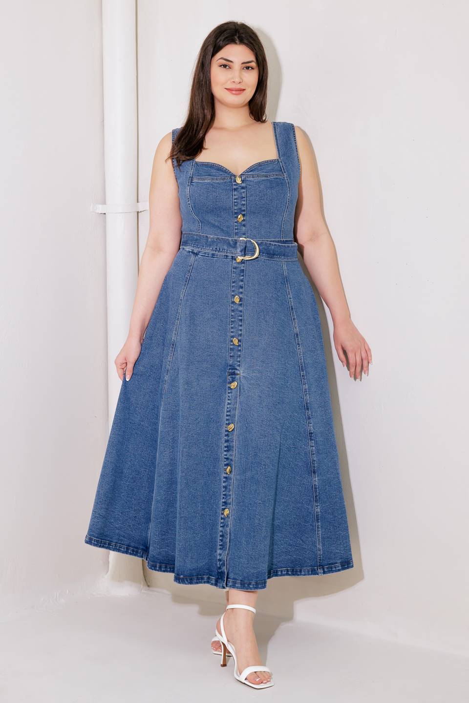 PRETTIEST BEHAVIOR DENIM MIDI DRESS -  98% Cotton