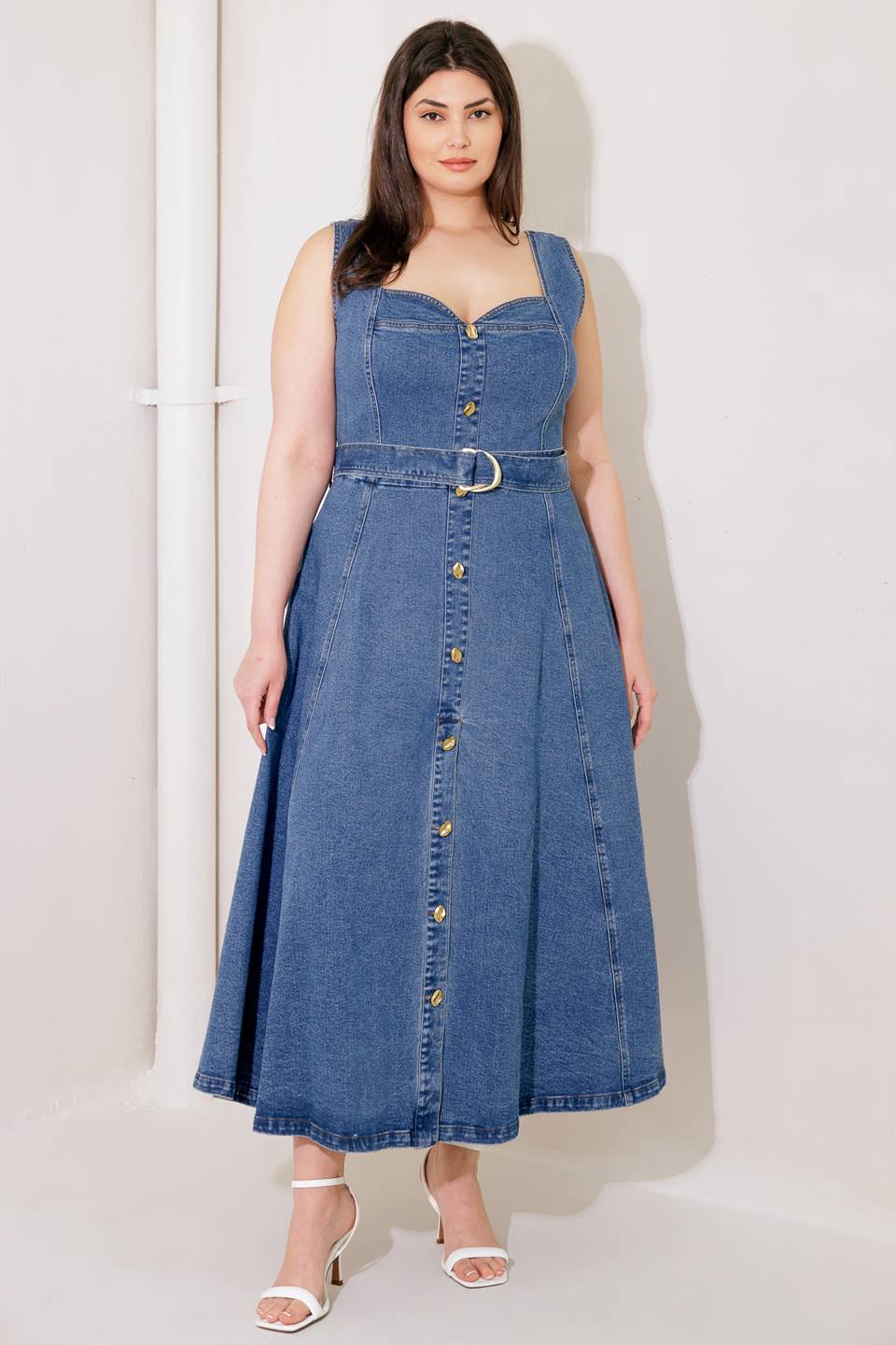 PRETTIEST BEHAVIOR DENIM MIDI DRESS -  98% Cotton