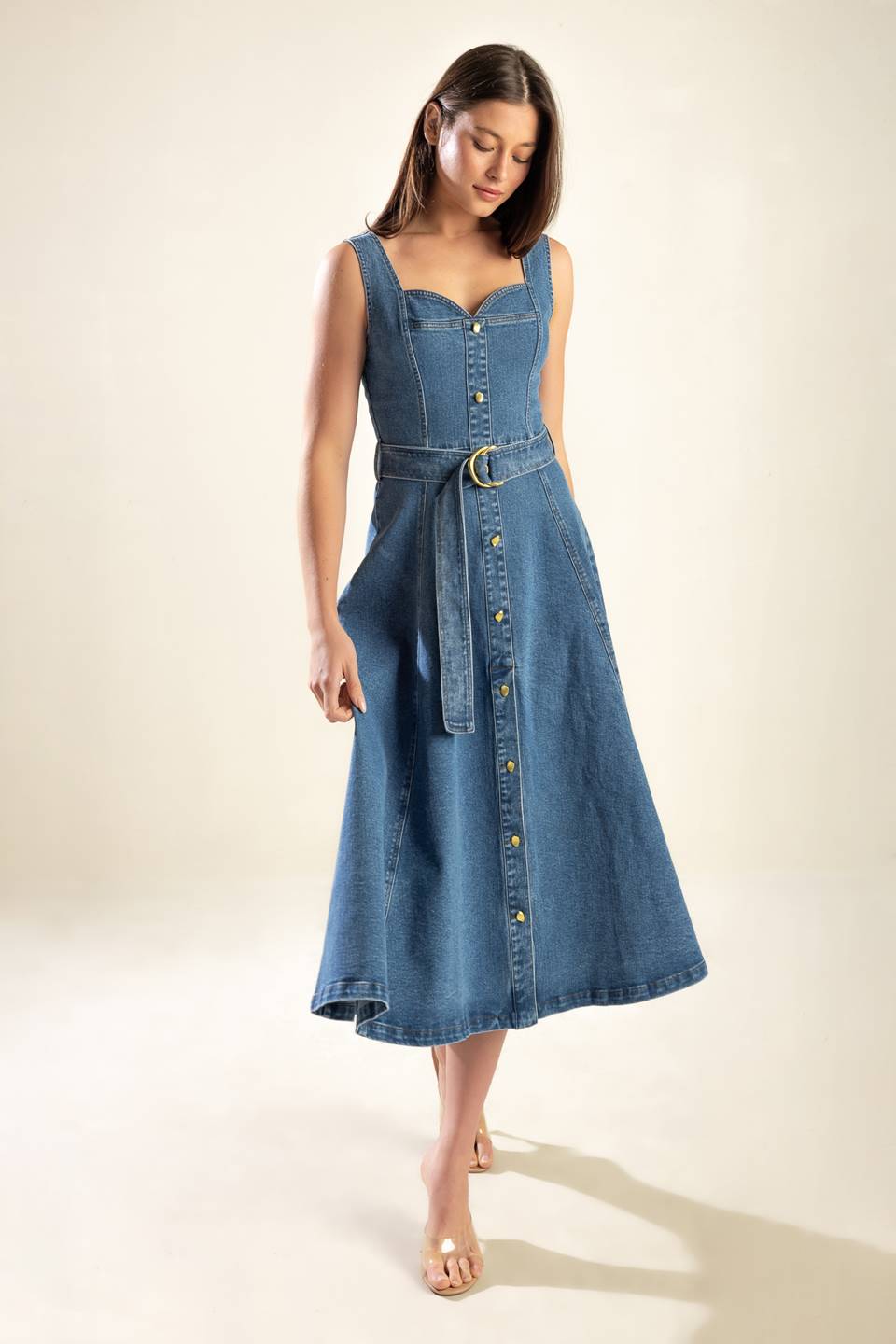 PRETTIEST BEHAVIOR DENIM MIDI DRESS -  98% Cotton