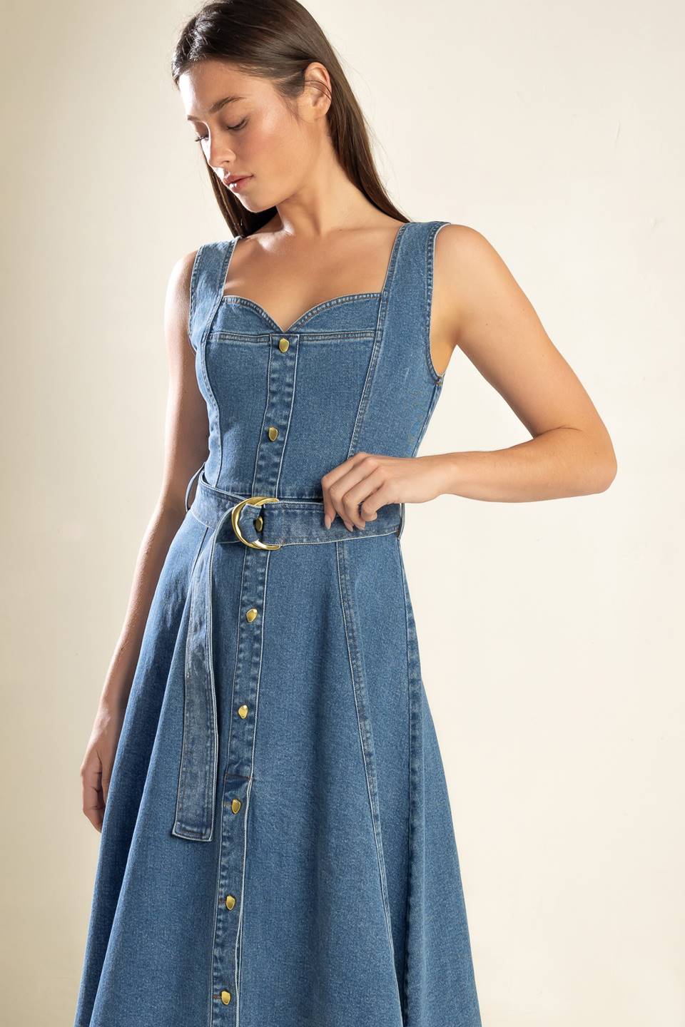PRETTIEST BEHAVIOR DENIM MIDI DRESS -  98% Cotton