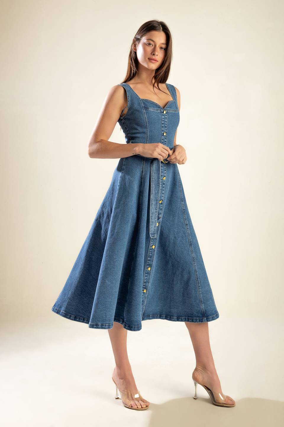 PRETTIEST BEHAVIOR DENIM MIDI DRESS -  98% Cotton