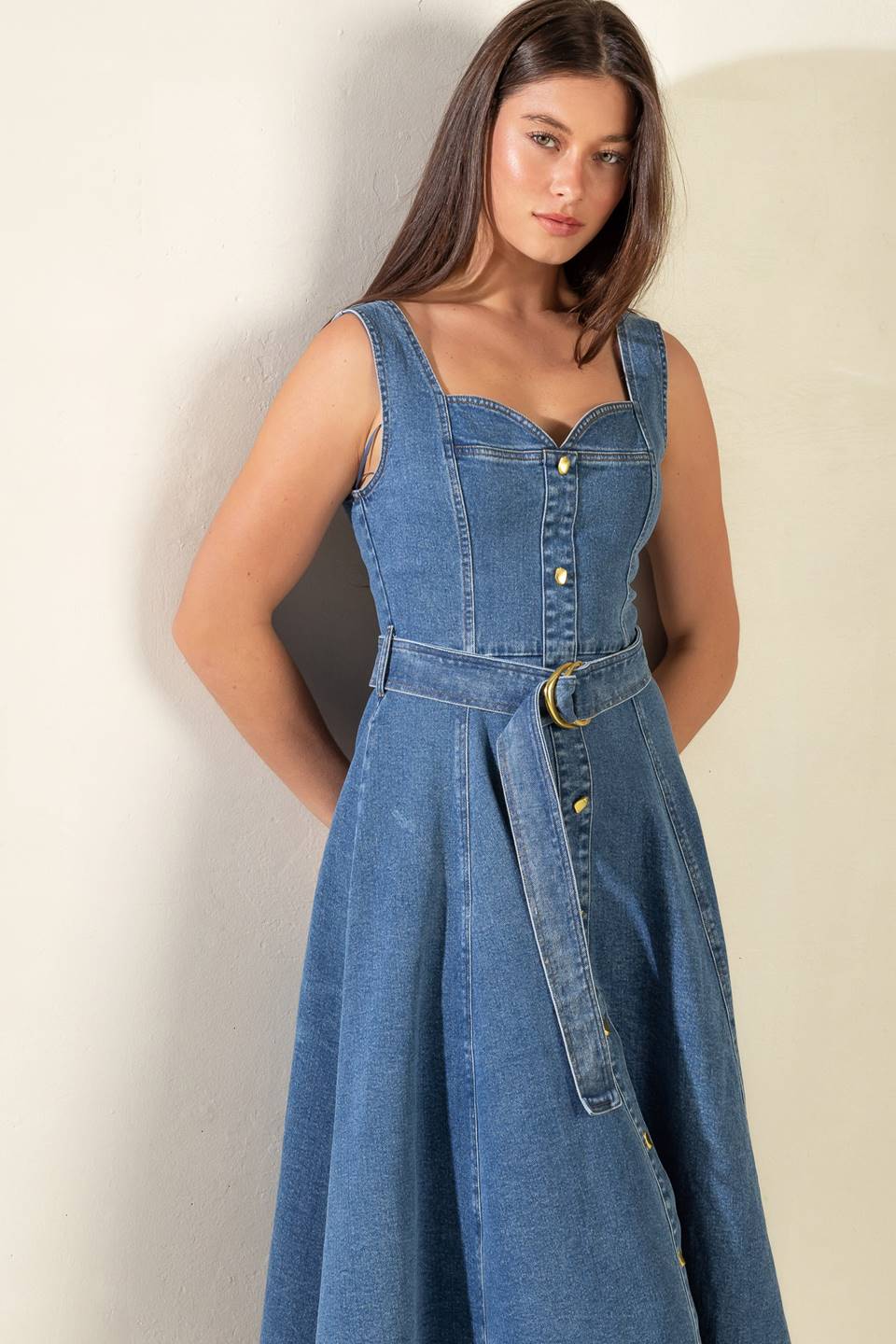 PRETTIEST BEHAVIOR DENIM MIDI DRESS -  98% Cotton