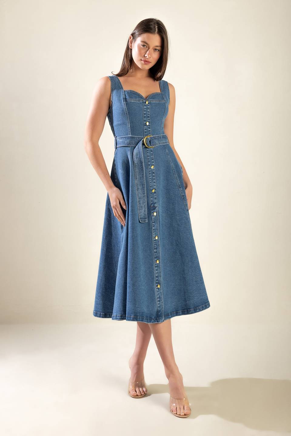 PRETTIEST BEHAVIOR DENIM MIDI DRESS -  98% Cotton