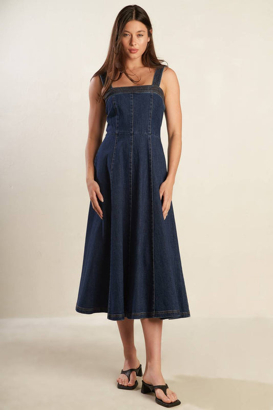 TERRIFIC TIMING DENIM MIDI DRESS - 98% Cotton