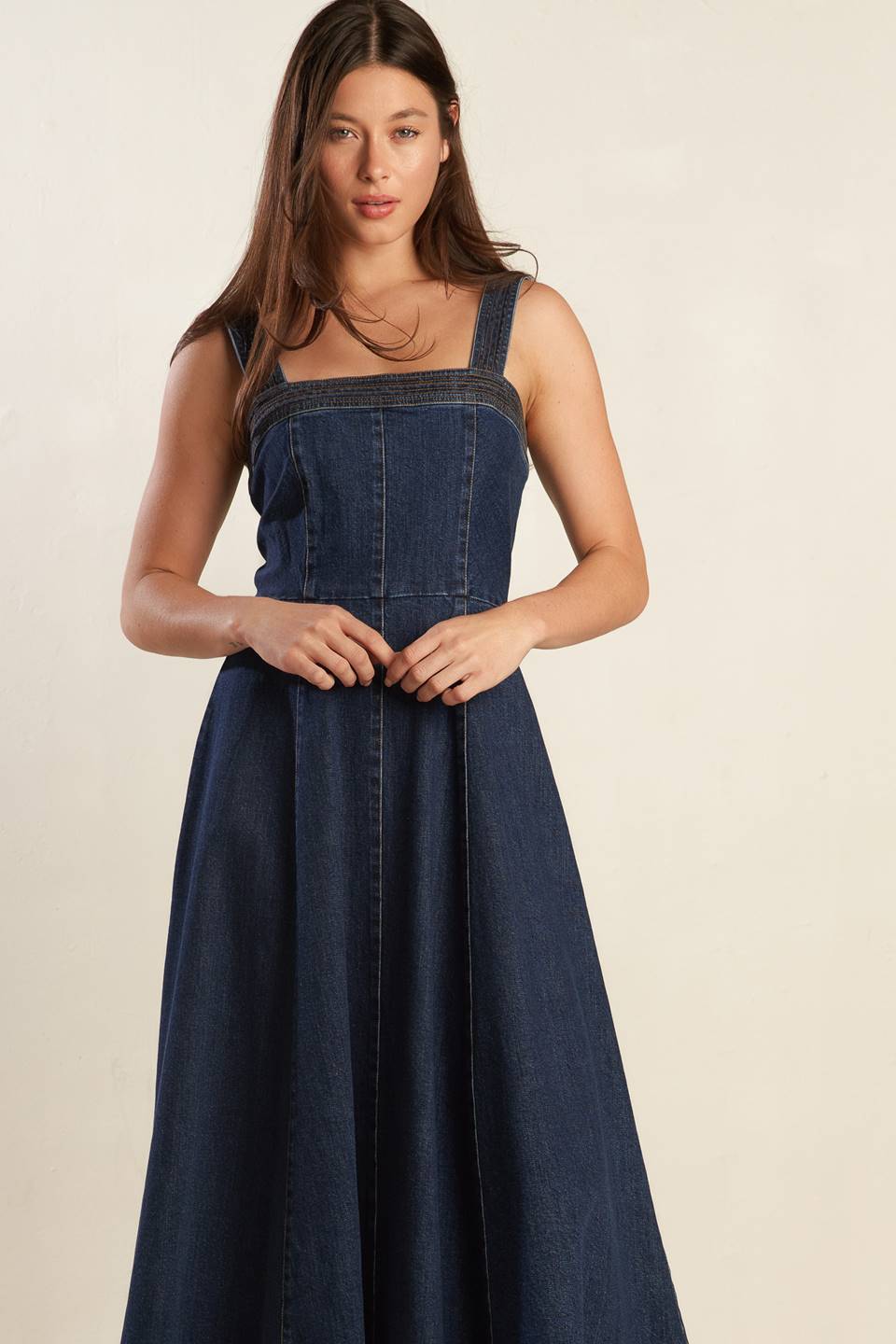 TERRIFIC TIMING DENIM MIDI DRESS - 98% Cotton