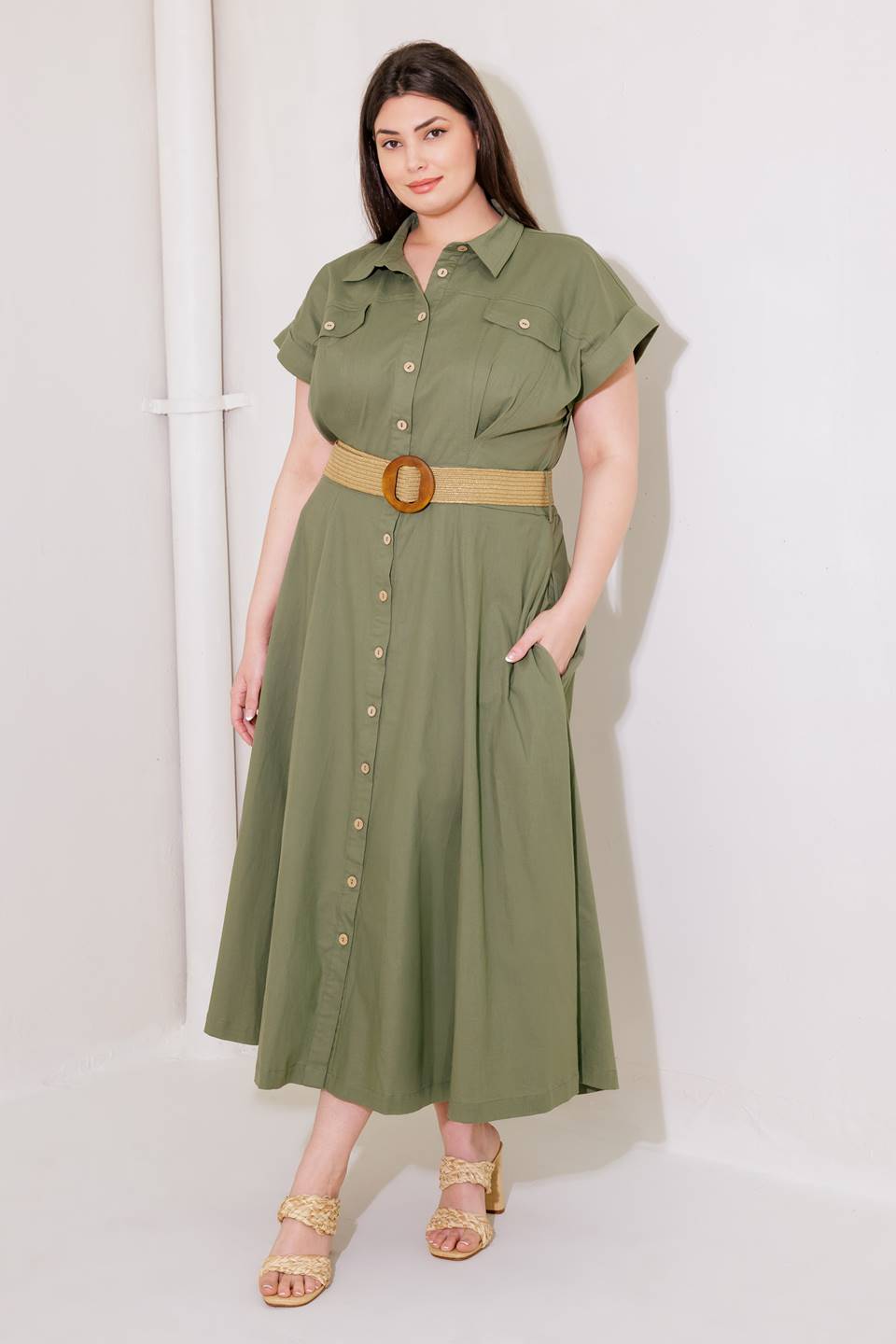 BUILD MY EMPIRE OLIVE WOVEN MIDI DRESS - 95% Cotton