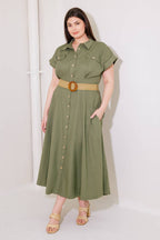 BUILD MY EMPIRE OLIVE WOVEN MIDI DRESS - 95% Cotton