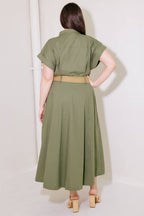 BUILD MY EMPIRE OLIVE WOVEN MIDI DRESS - 95% Cotton