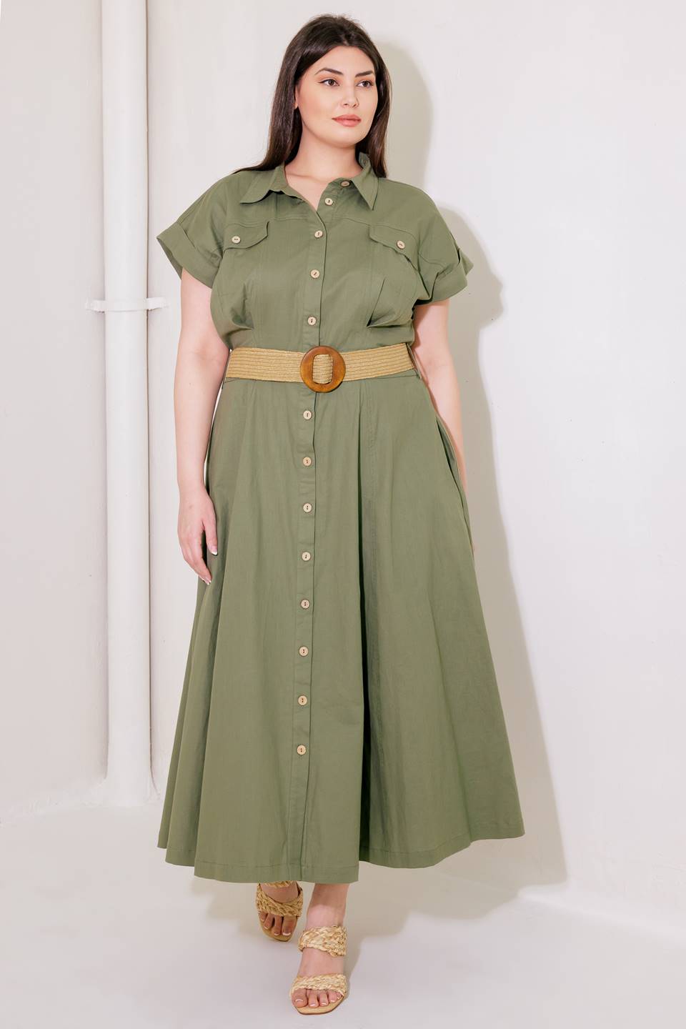 BUILD MY EMPIRE OLIVE WOVEN MIDI DRESS - 95% Cotton