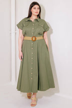 BUILD MY EMPIRE OLIVE WOVEN MIDI DRESS - 95% Cotton