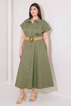 BUILD MY EMPIRE OLIVE WOVEN MIDI DRESS - 95% Cotton