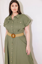 BUILD MY EMPIRE OLIVE WOVEN MIDI DRESS - 95% Cotton