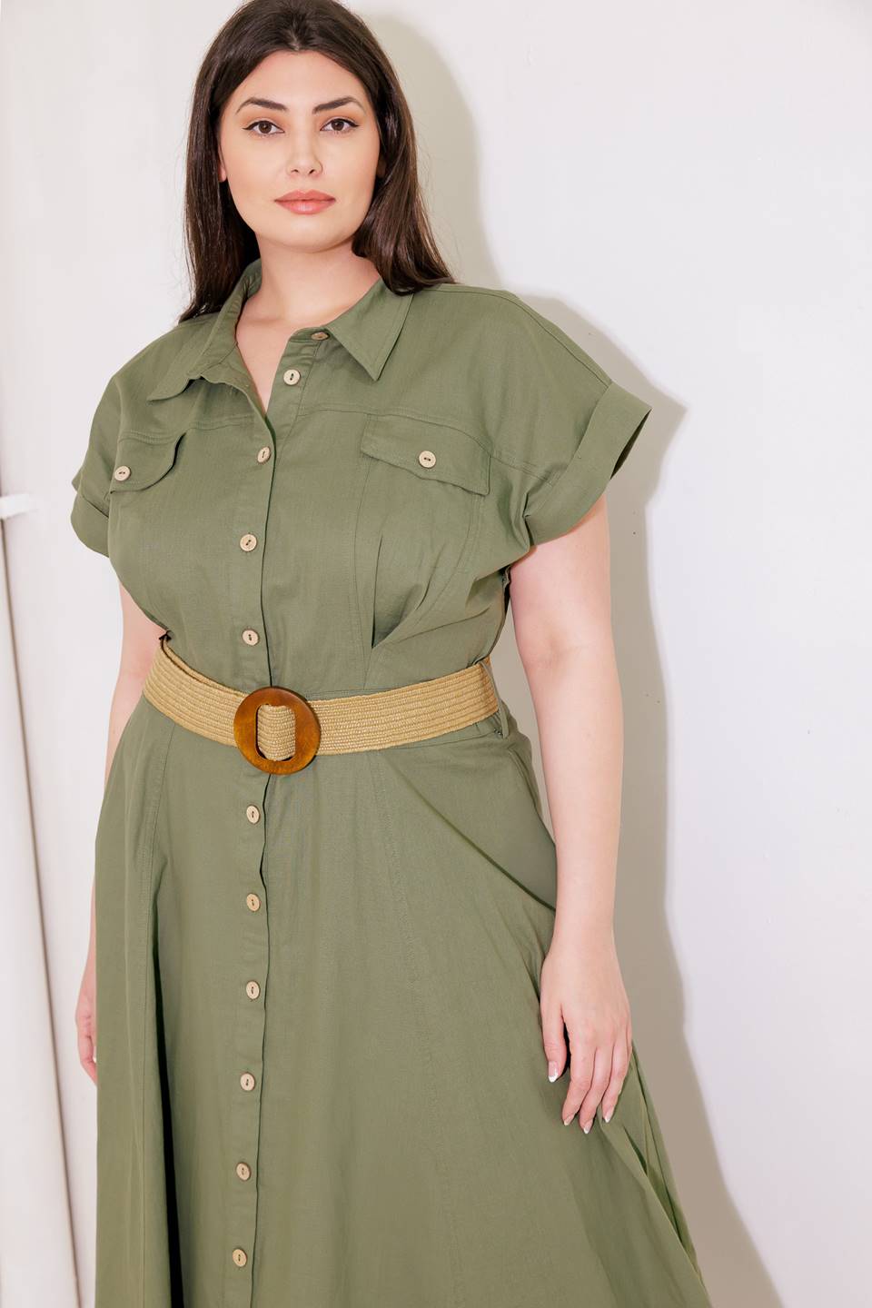 BUILD MY EMPIRE OLIVE WOVEN MIDI DRESS - 95% Cotton