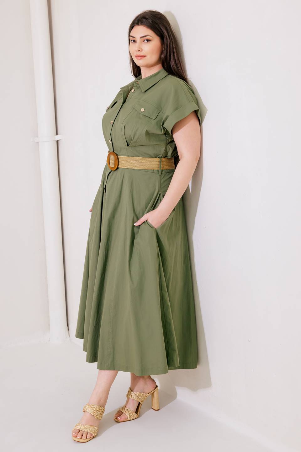 BUILD MY EMPIRE OLIVE WOVEN MIDI DRESS - 95% Cotton