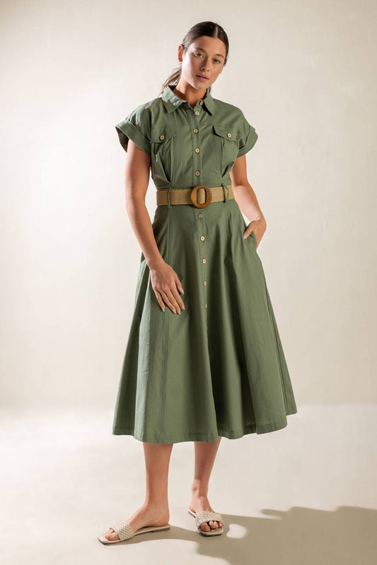 BUILD MY EMPIRE OLIVE WOVEN MIDI DRESS - 95% Cotton