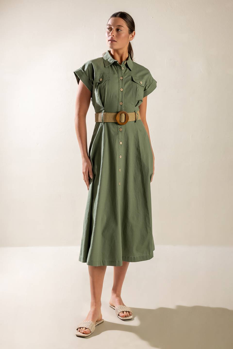 BUILD MY EMPIRE OLIVE WOVEN MIDI DRESS - 95% Cotton