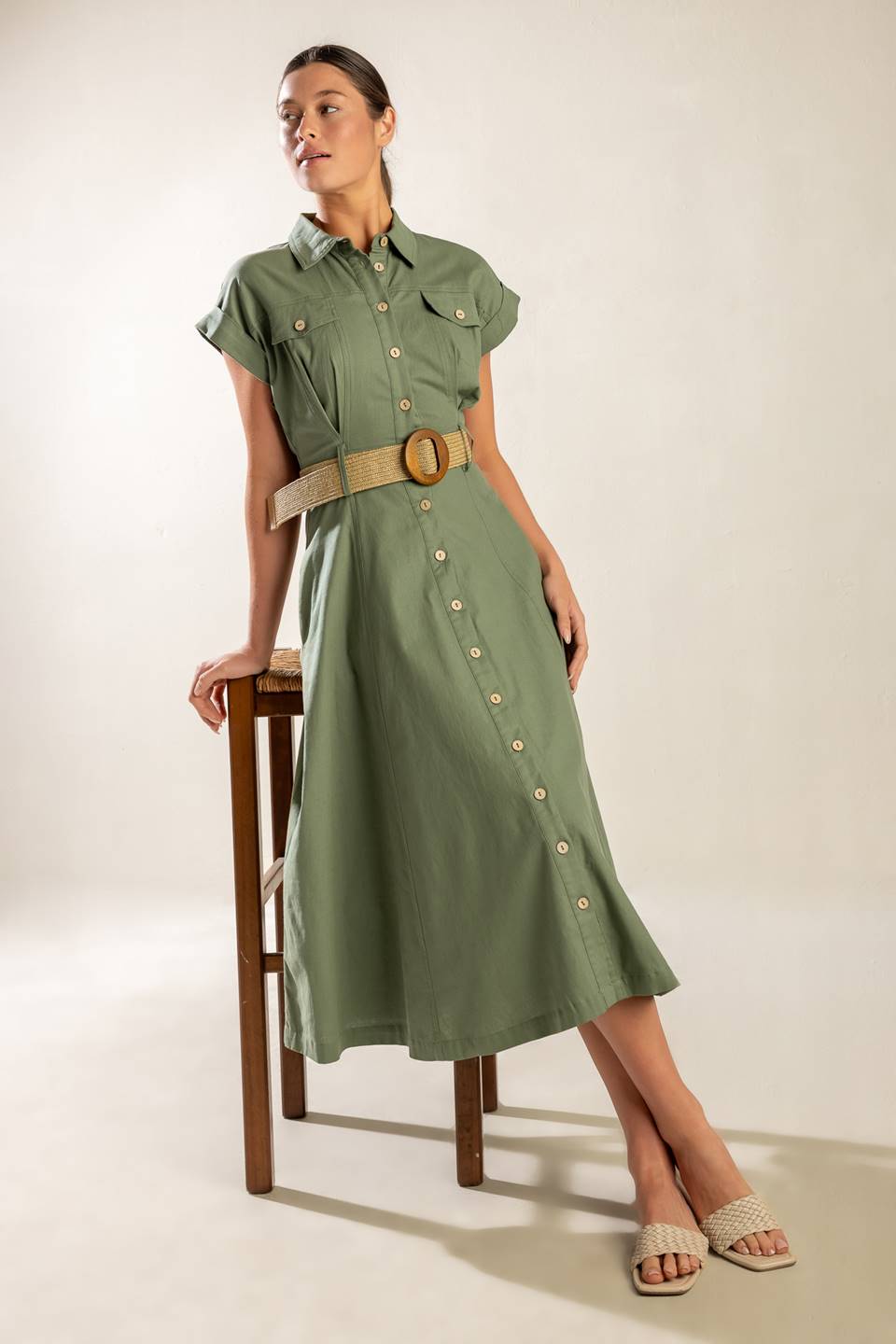 BUILD MY EMPIRE OLIVE WOVEN MIDI DRESS - 95% Cotton