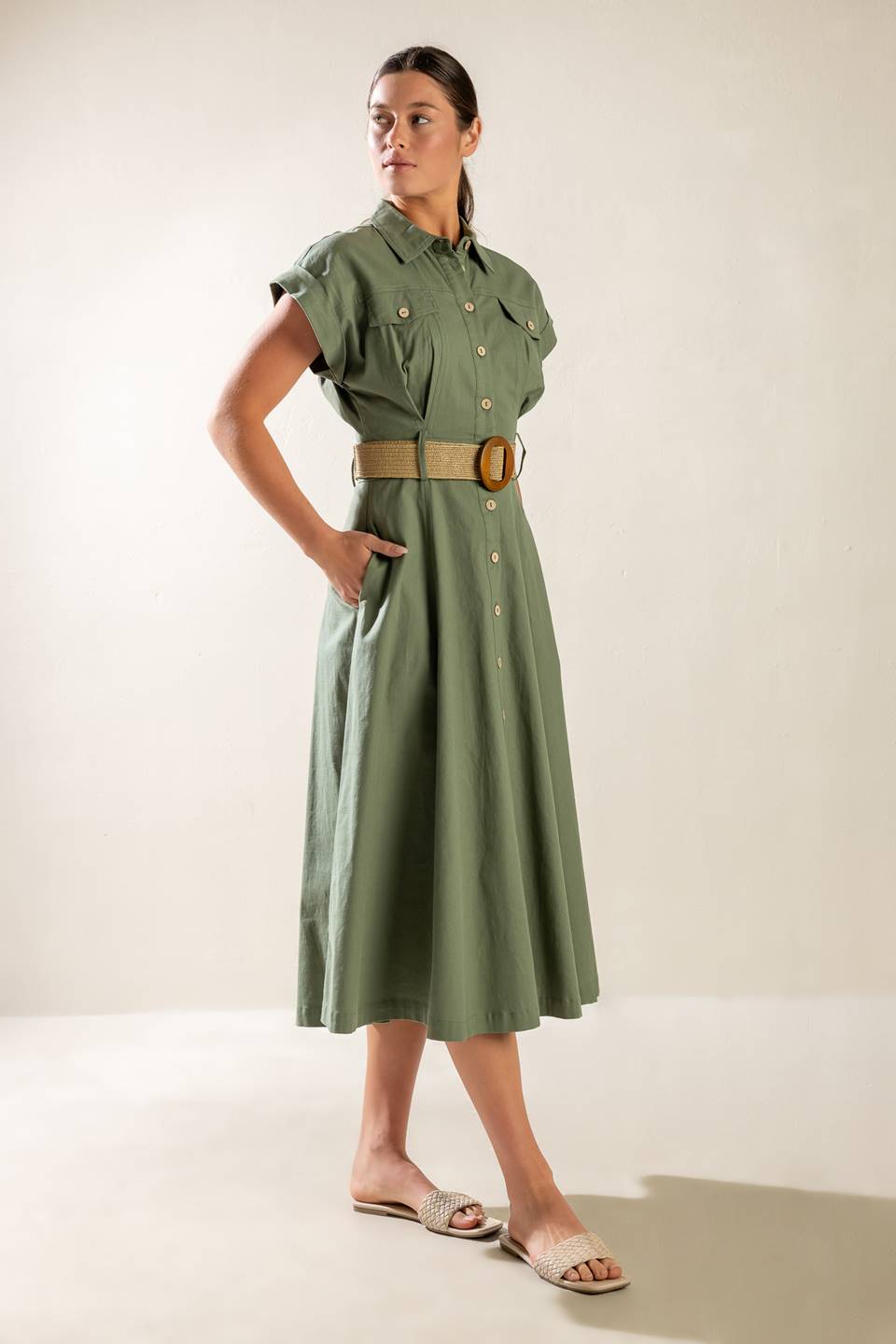 BUILD MY EMPIRE OLIVE WOVEN MIDI DRESS - 95% Cotton