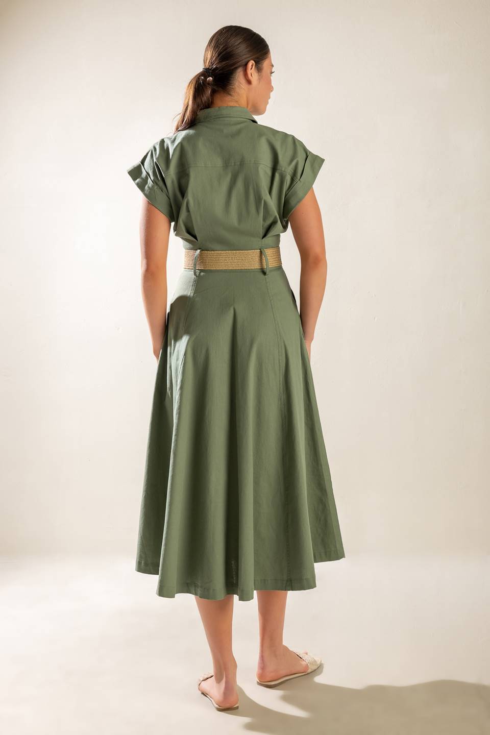 BUILD MY EMPIRE OLIVE WOVEN MIDI DRESS - 95% Cotton