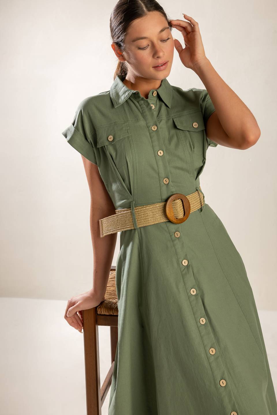 BUILD MY EMPIRE OLIVE WOVEN MIDI DRESS - 95% Cotton