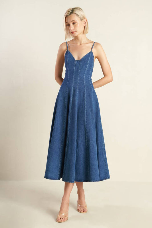 ROSEWOOD ROMANCE DENIM MIDI DRESS - 90% Cotton
