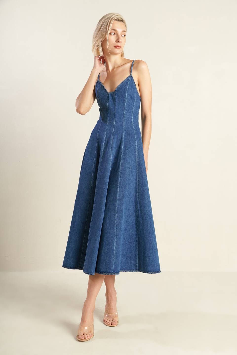 ROSEWOOD ROMANCE DENIM MIDI DRESS - 90% Cotton