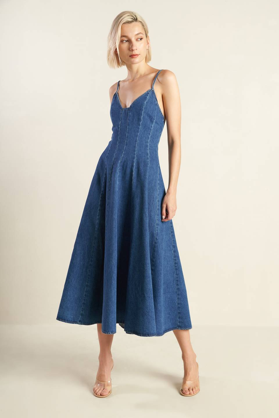 ROSEWOOD ROMANCE DENIM MIDI DRESS - 90% Cotton