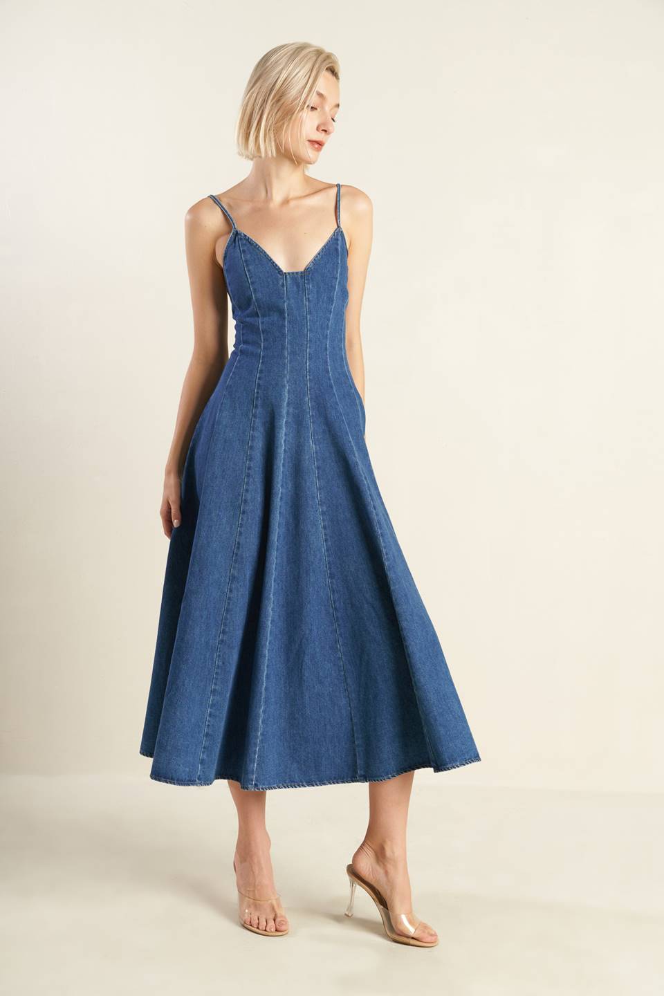 ROSEWOOD ROMANCE DENIM MIDI DRESS - 90% Cotton