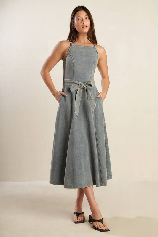 A DAY AT THE VINEYARD DENIM MIDI DRESS - 99% Cotton