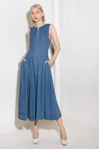 IRRESISTIBLY POISED DENIM MIDI DRESS - 90% Cotton