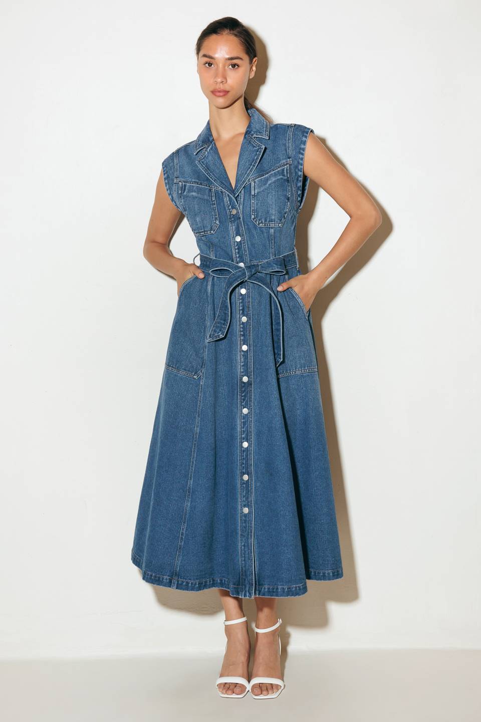 LIGHT CODE MEDIUM DENIM MIDI DRESS - 90% Cotton