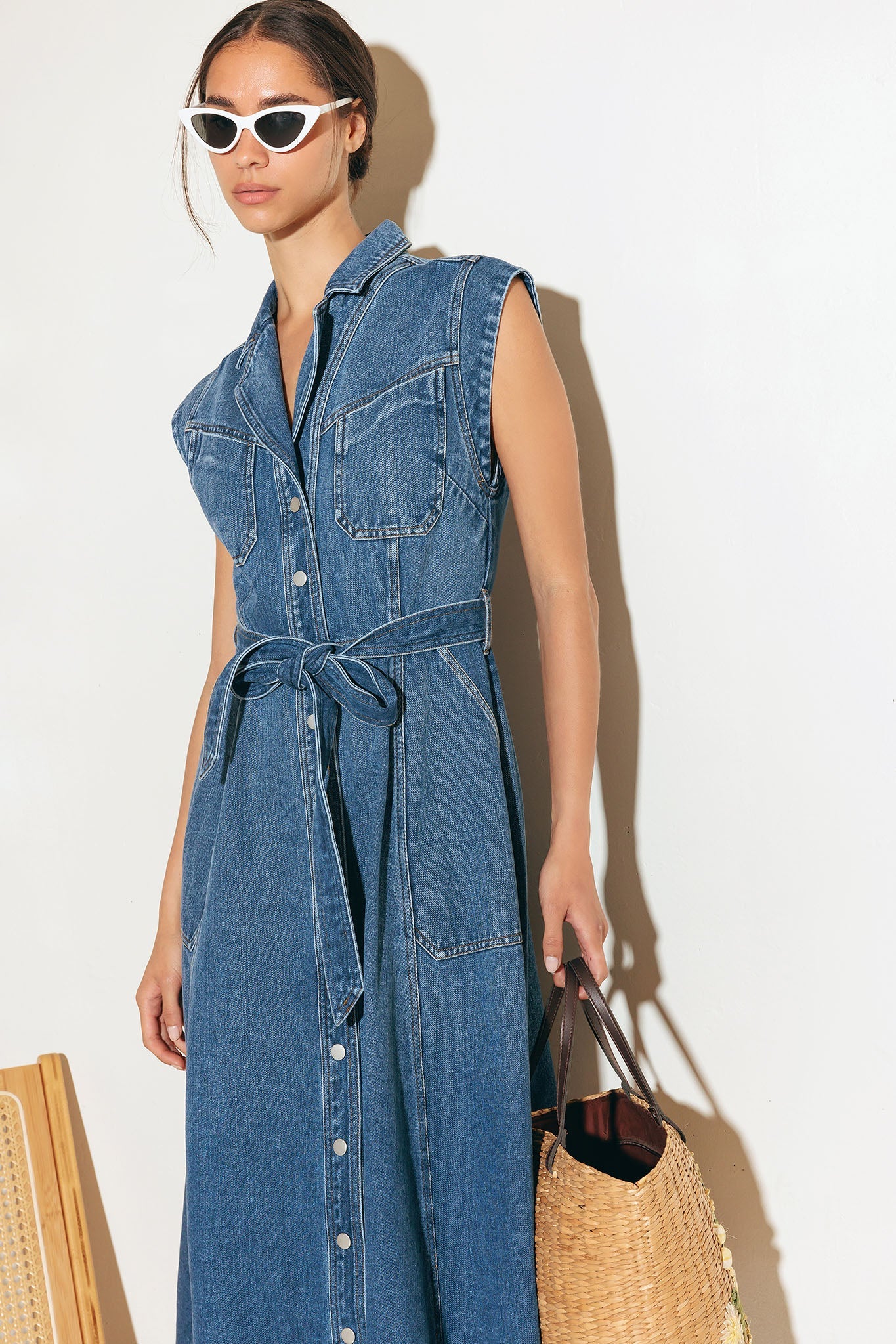 LIGHT CODE MEDIUM DENIM MIDI DRESS - 90% Cotton