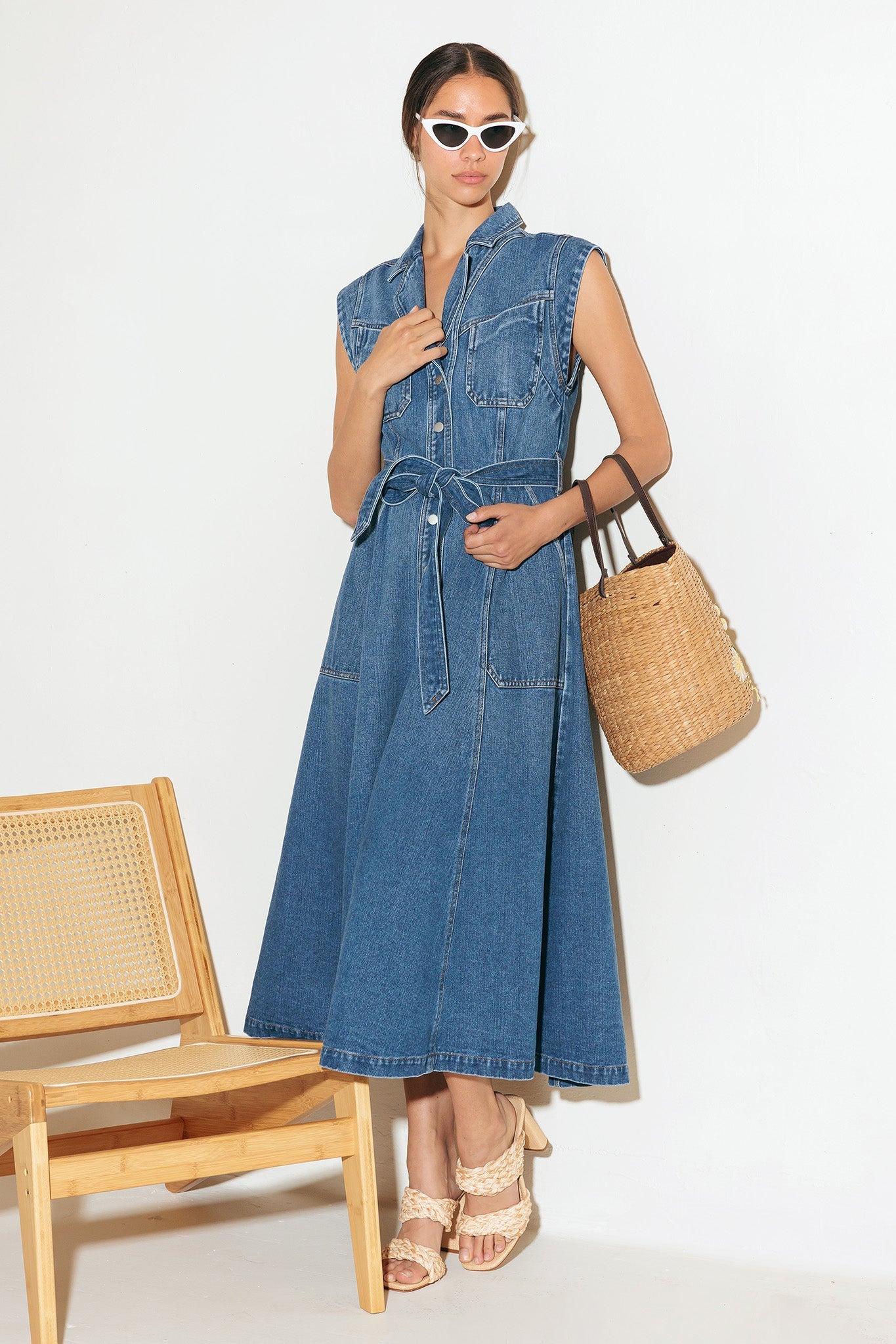 LIGHT CODE MEDIUM DENIM MIDI DRESS - 90% Cotton